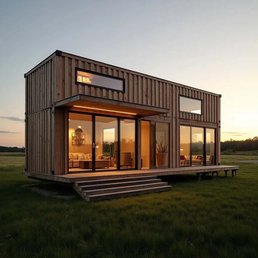 Bungalow moderne en bois et container aménagé dans un environnement naturel