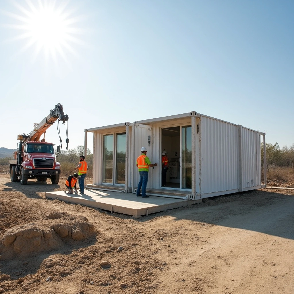 Bungalow modulaire en assemblage de trois modules sur chantier en France — solution extensible pour augmenter la surface habitable.