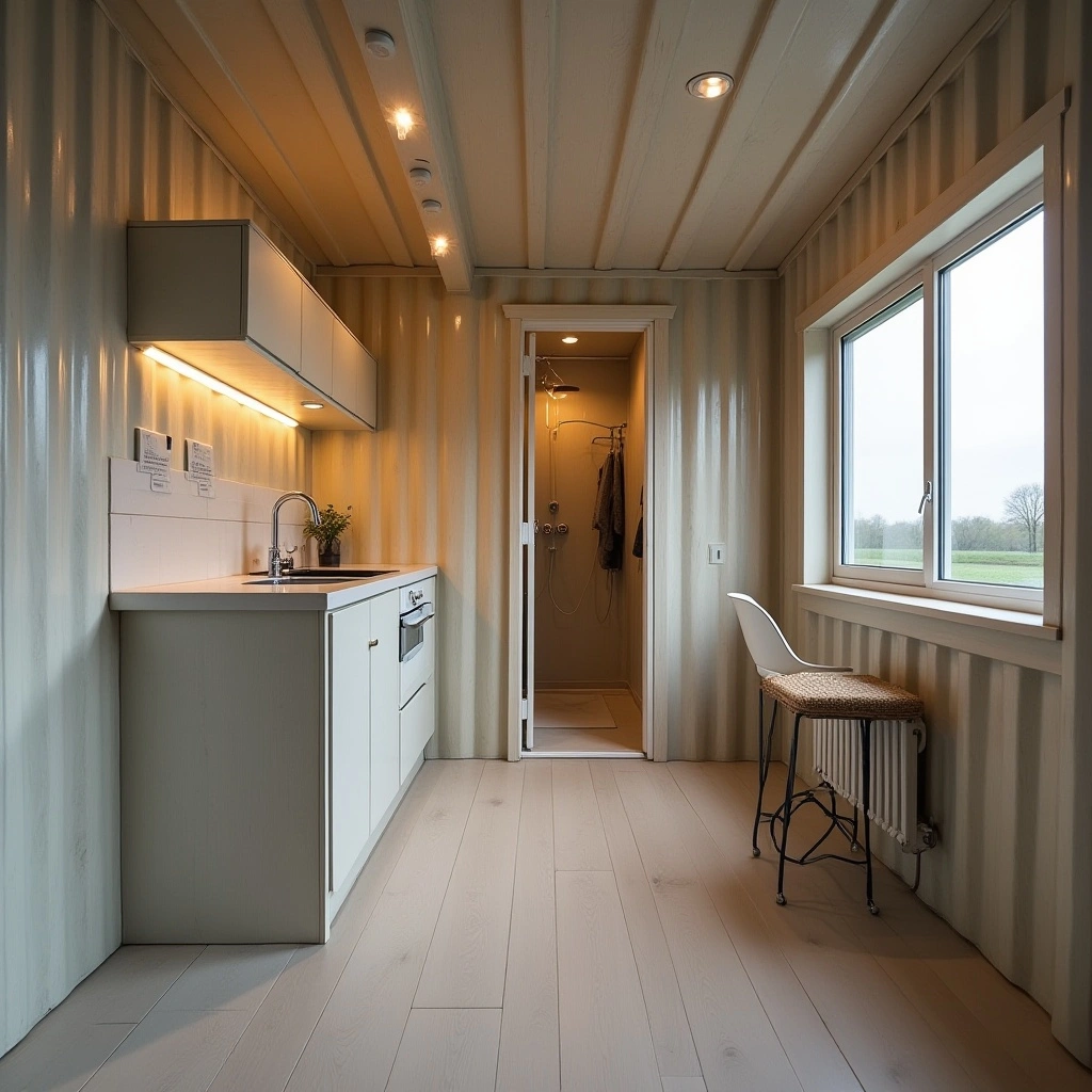 Intérieur d’un container aménagé en studio avec isolation, électricité aux normes et kitchenette — exemple de prix et d’équipements en France.
