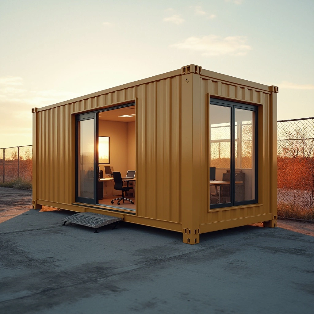 Container bureau isolé installé sur chantier en France avec fenêtres double vitrage et climatisation — bureau mobile prêt à l’emploi.