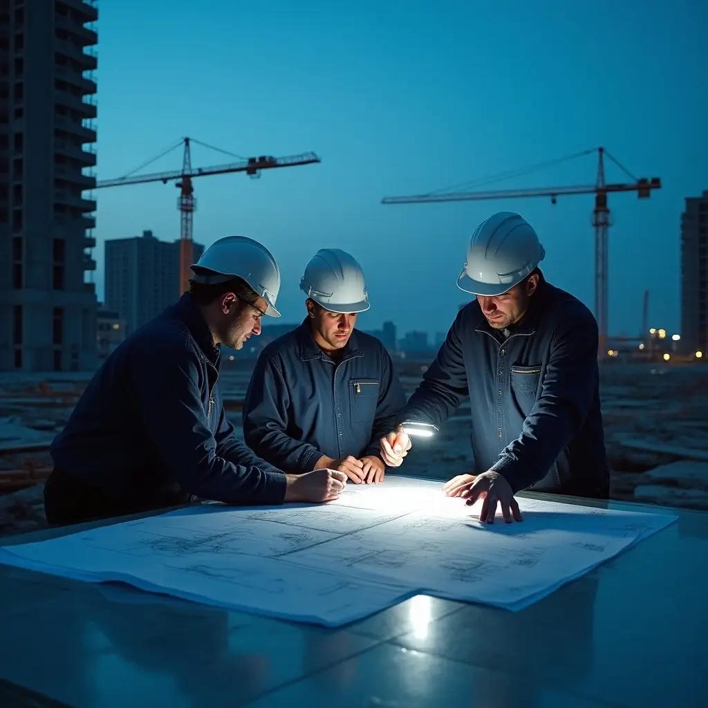 Ingénieurs analysant des plans de construction sur un chantier avec grues en arrière-plan