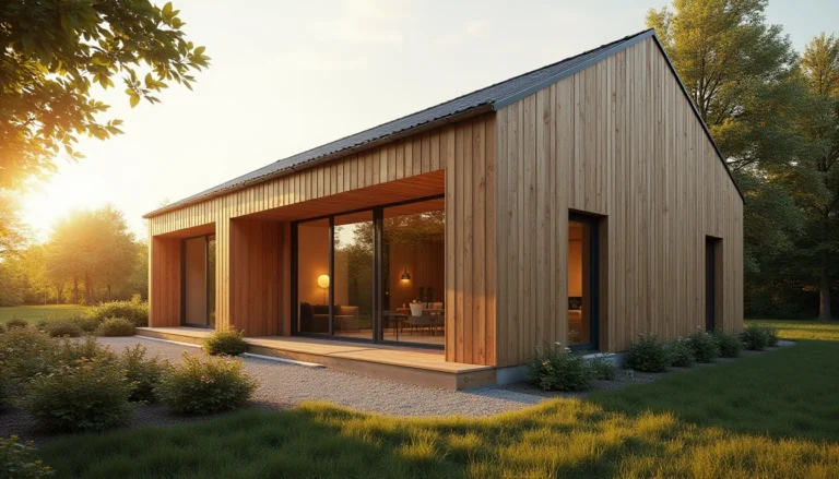Maison bois MHM contemporaine avec murs bois massif sans colle, bardage lames verticales et larges baies vitrées – construction écologique RE2020.