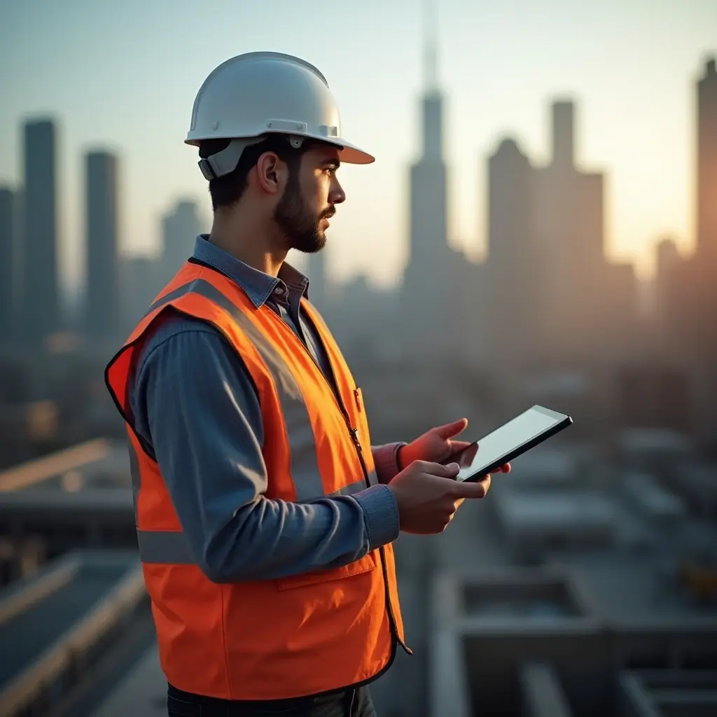 Chef de chantier pilotant les travaux avec une tablette sur un site de construction