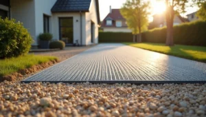 Pose de dalles stabilisatrices de gravier pour allée carrossable – étapes clés avec géotextile, couche de fondation compactée et remplissage des alvéoles, épaisseurs conformes et erreurs à éviter.
