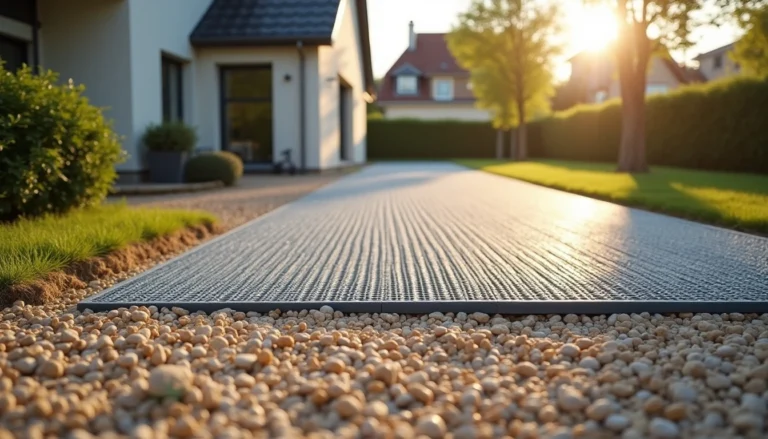 Pose de dalles stabilisatrices de gravier pour allée carrossable – étapes clés avec géotextile, couche de fondation compactée et remplissage des alvéoles, épaisseurs conformes et erreurs à éviter.