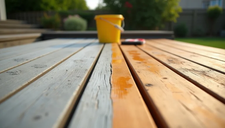 Rénovation d’une terrasse en bois grisée sans poncer – avant/après net montrant le nettoyage naturel et le retour des teintes chaudes du bois.