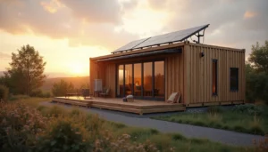 Bungalow container clé en main en France avec bardage bois, panneaux solaires et fenêtres double vitrage — illustration des tarifs et coûts d’installation.