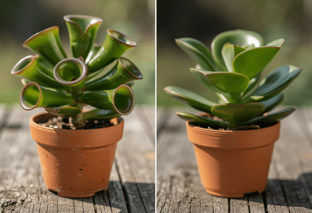Comparaison des variétés d'arbre de Jade : à gauche le Crassula 'Gollum' aux feuilles en trompette, à droite le Crassula 'Hobbit' aux feuilles recourbées
