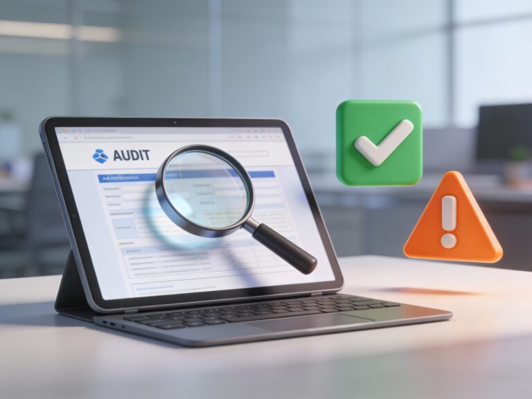 Audit du site DeclarationExpertise.fr : analyse de fiabilité, loupe sur l'interface et icônes d'avertissement pour les utilisateurs.