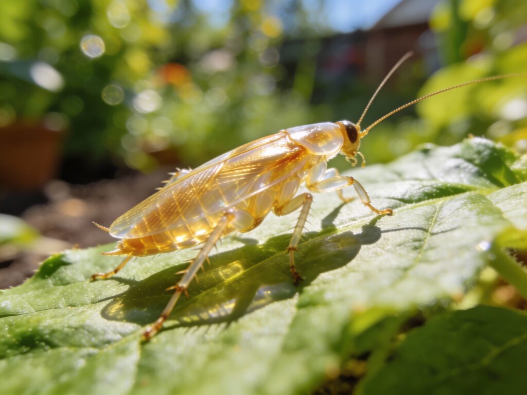 Blatte de jardin Ectobius marchant sur une feuille en plein soleil, preuve de son activité diurne et de son habitat extérieur