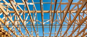 Vue intérieure d'une charpente en fermette industrielle en bois posée sur une maison neuve avant couverture