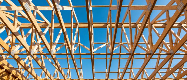 Vue intérieure d'une charpente en fermette industrielle en bois posée sur une maison neuve avant couverture
