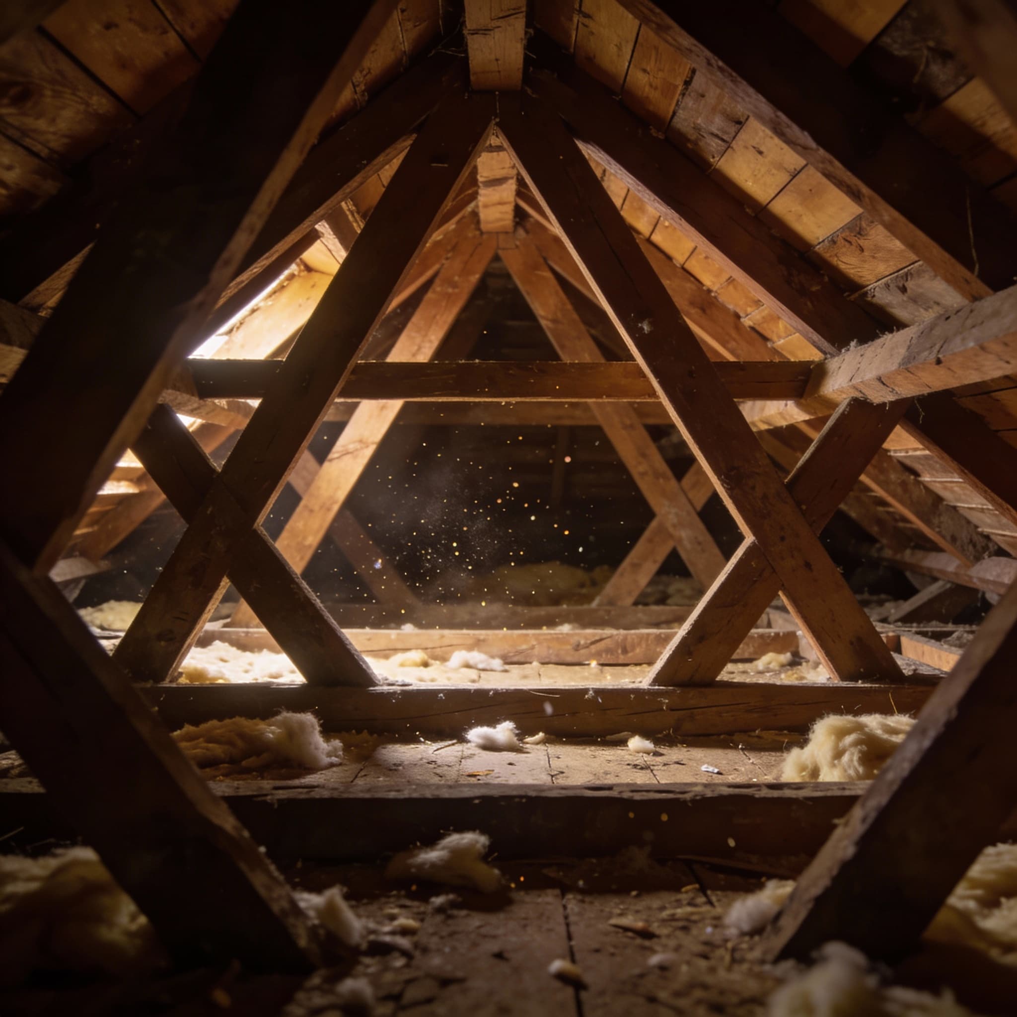 Intérieur de combles perdus encombrés par les triangulation en W d'une charpente fermette