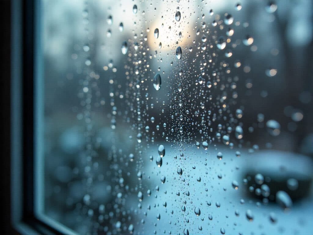 Gros plan sur des gouttelettes de condensation ruisselant sur une vitre, illustrant le phénomène de la maison qui pleure dû à un excès d'humidité