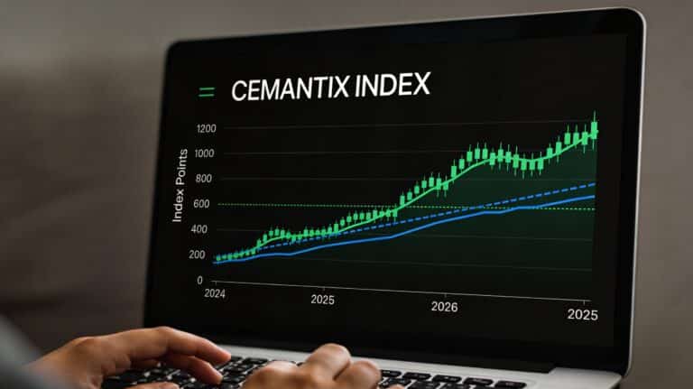 Graphique boursier montrant l'évolution haussière de l'Indice Cemantix en 2025, corrélé avec le prix du ciment bas carbone et les coûts énergétiques.