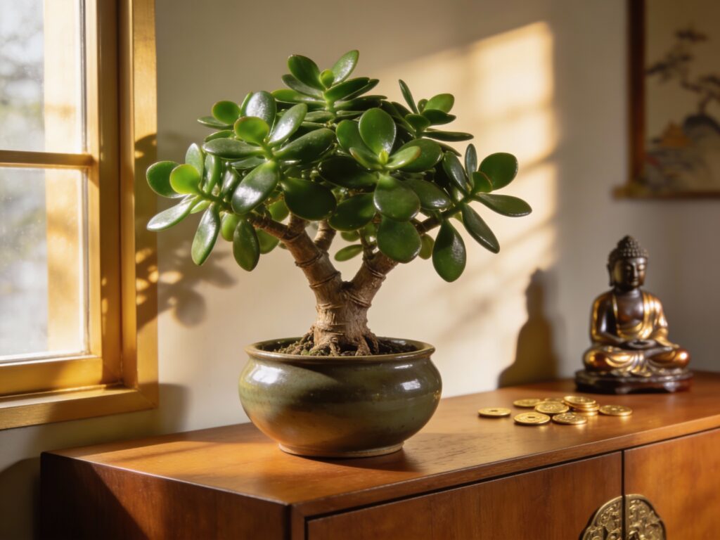 Arbre de jade (Crassula ovata) mature en pot, avec ses feuilles charnues ovales symbolisant la prospérité et la chance selon le Feng Shui.