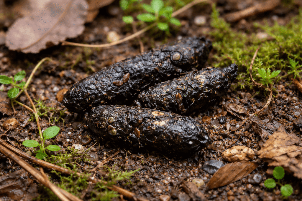 Photo en gros plan de crottes de hérisson : cylindrique, sombre et contenant des restes d'insectes brillants