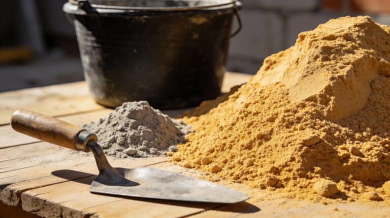 Préparation du mélange pour mortier : vue rapprochée des proportions de sable et ciment avec une truelle