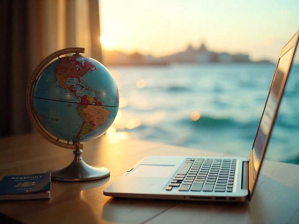 Bureau d'expert immobilier international avec globe et passeport, illustrant l'accompagnement sur-mesure pour les expatriés et investisseurs étrangers