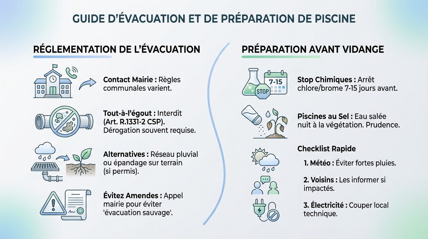 Schéma illustrant les étapes de préparation pour la vidange d'une piscine et l'évacuation de l'eau
