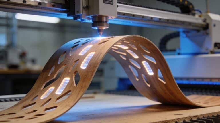 Gros plan sur un placage bois technique flexible et translucide, illustrant les innovations modernes comme la découpe laser et le rétroéclairage.