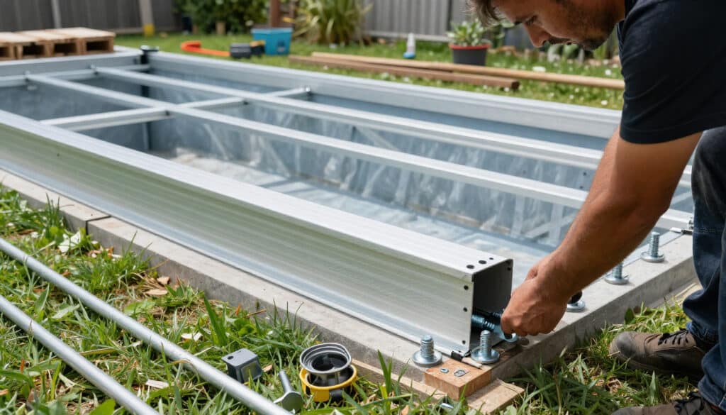 Chantier d'installation d'un abri de piscine montrant l'assemblage de la structure en aluminium et la pose des rails au sol par des professionnels.