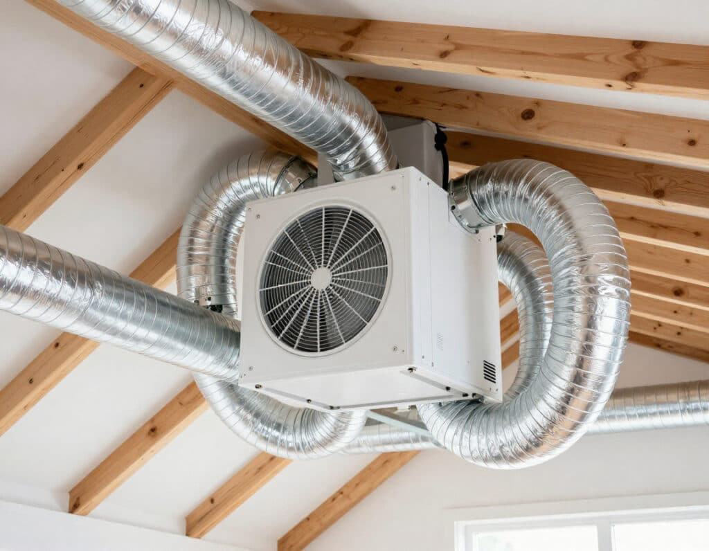 Installation d'un caisson de VMC (Ventilation Mécanique Contrôlée) et de ses gaines isolées dans les combles pour assainir l'air de la maison