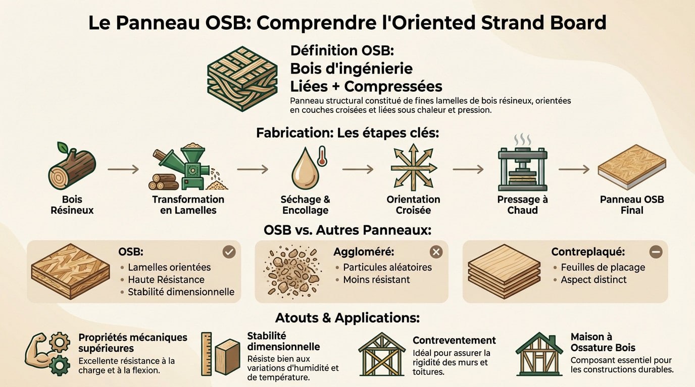 Panneaux OSB empilés montrant la texture des lamelles orientées