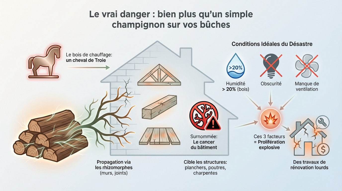 Mérule se propageant sur du bois de chauffage stocké dans une cave humide