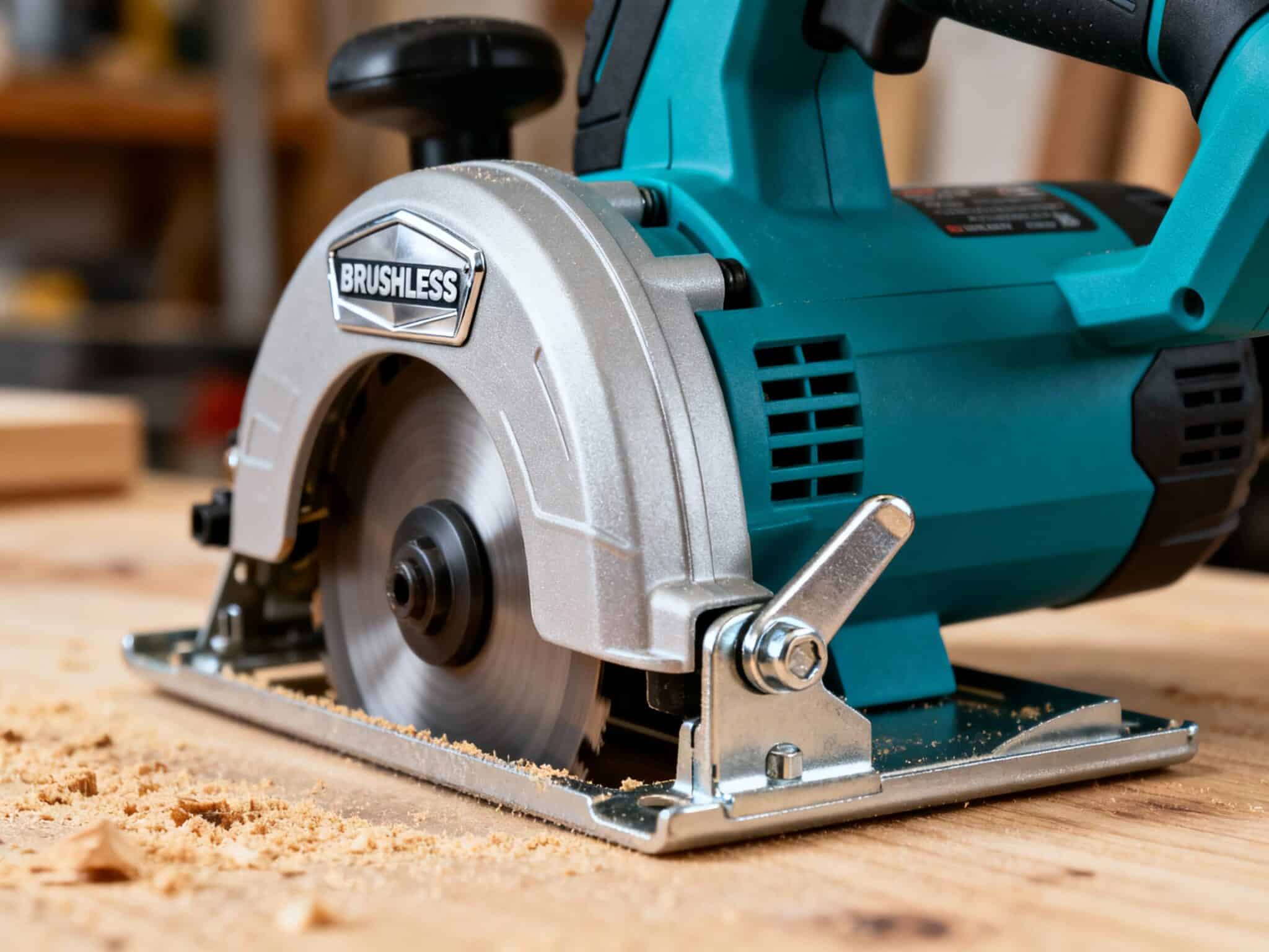 Gros plan sur le carter d'une scie circulaire sans fil montrant le logo Brushless et le levier de réglage de profondeur