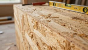 Gros plan sur la texture d'un panneau OSB 3 utilisé pour une rénovation, avec outils de mesure en arrière-plan.