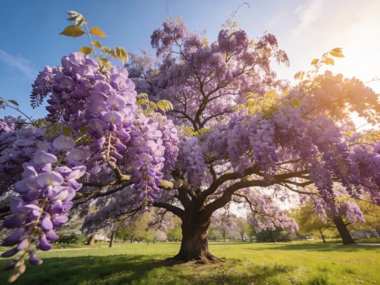 Paulownia elongata adulte en pleine floraison printanière avec de grandes grappes de fleurs mauves