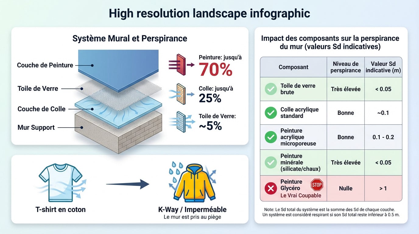 Schéma illustrant l'impact de la colle et de la peinture sur la perspirance d'un mur avec toile de verre