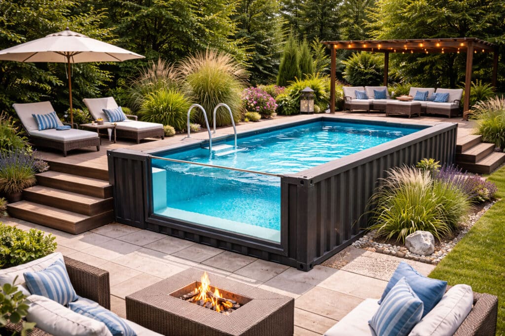 Piscine container moderne installée sur une terrasse en bois dans un jardin paysagé
