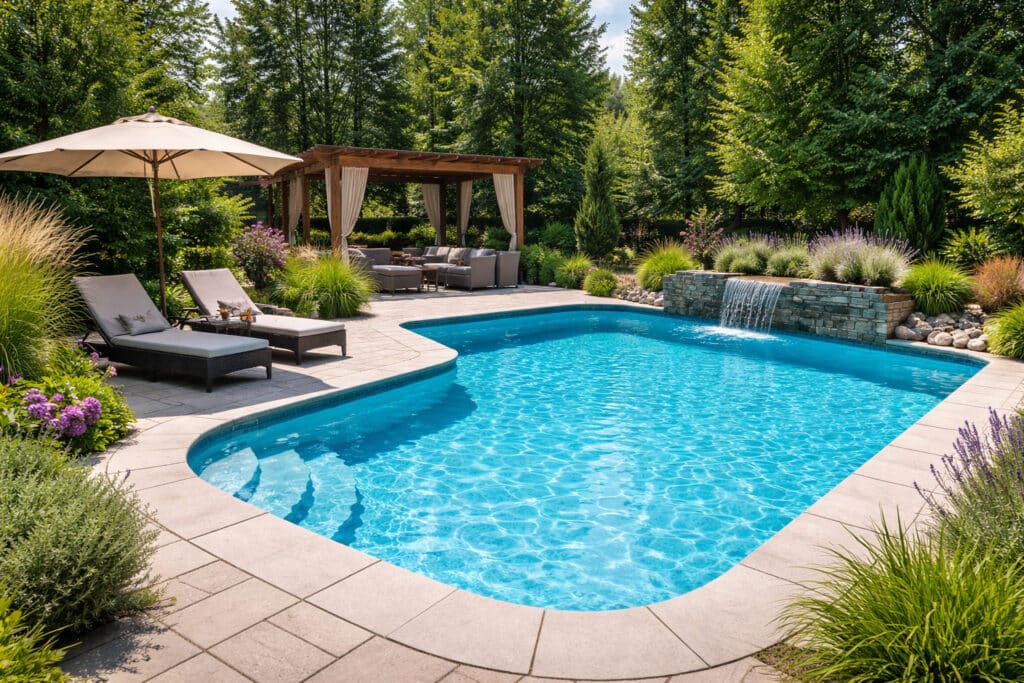 Piscine enterrée moderne dans un jardin paysagé avec terrasse et transats