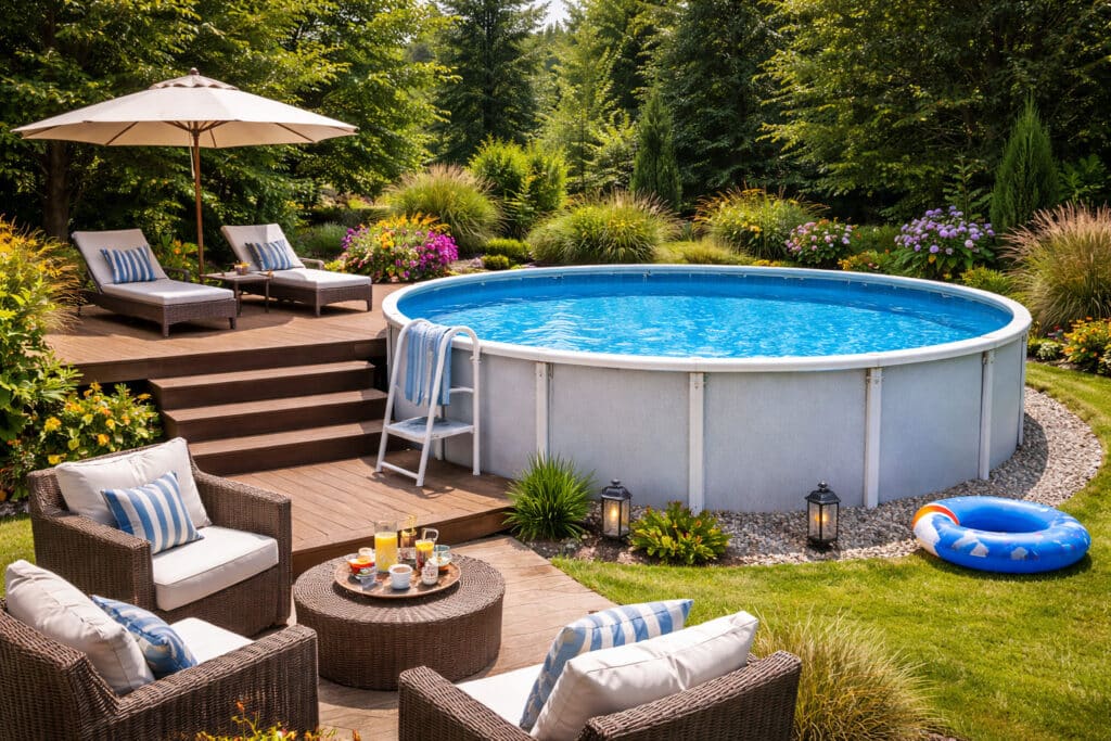 Piscine hors sol ronde installée dans un jardin avec terrasse en bois et mobilier extérieur