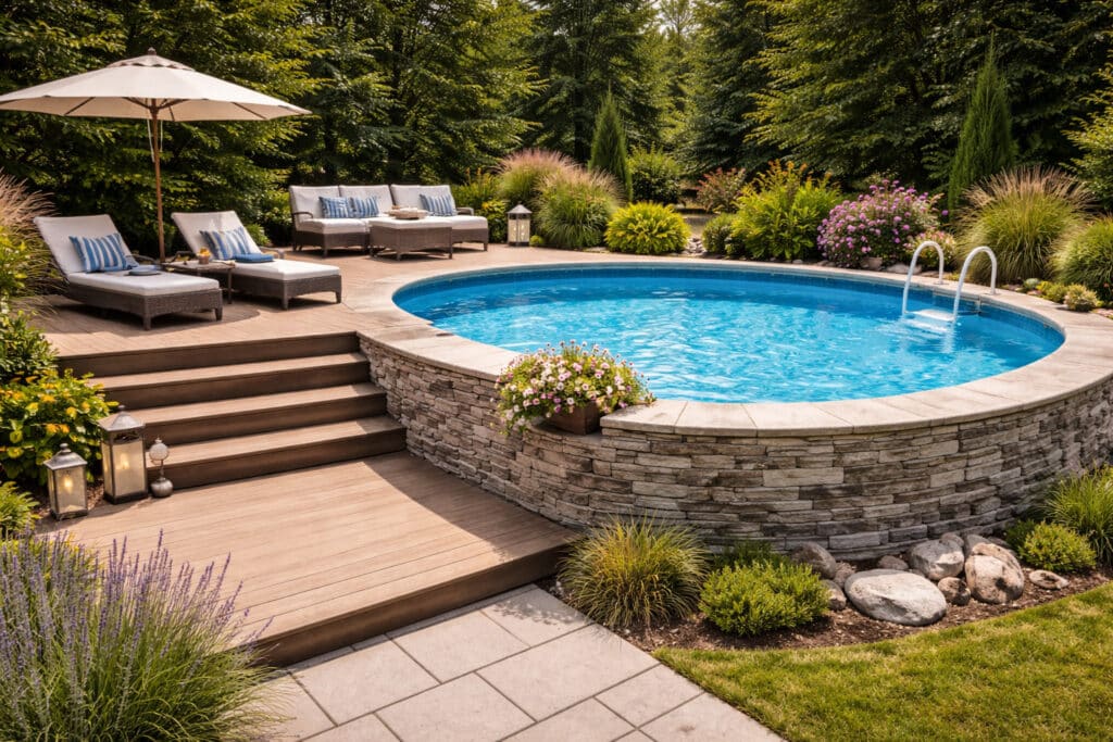 Piscine semi-enterrée avec terrasse en bois et muret en pierre dans un jardin paysagé