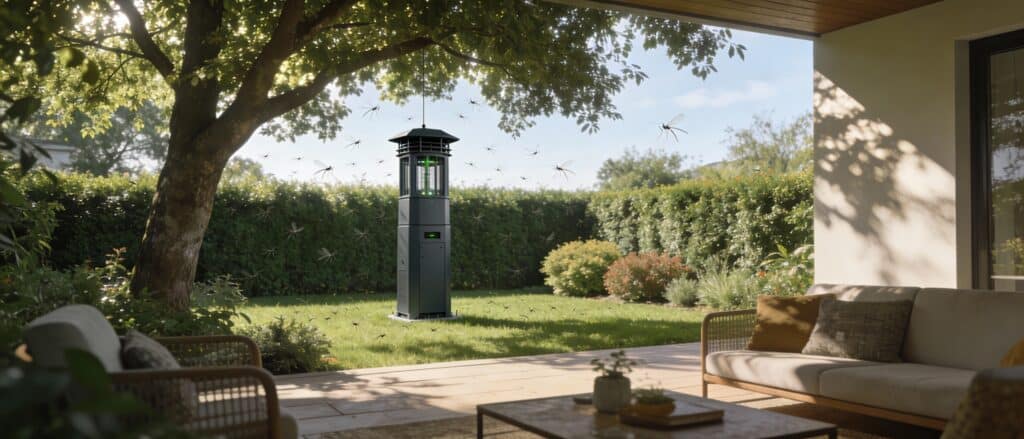 implantation idéale du piège à moustique Nomoz Pro placé à l'ombre entre la haie et la terrasse pour intercepter les insectes