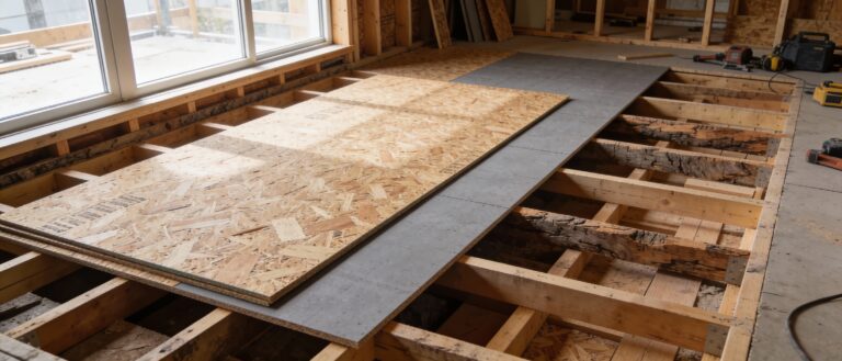 Pose de dalles de plancher en aggloméré sur une structure de solives en bois lors d'une rénovation