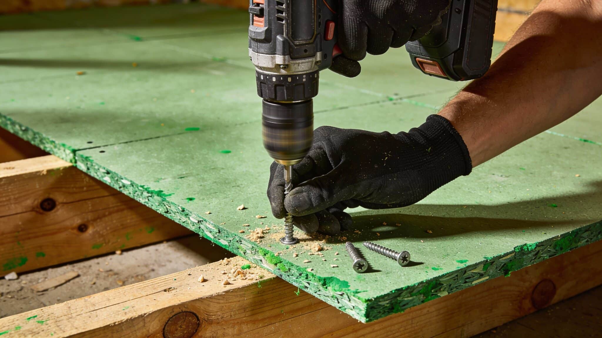 Vissage d'une dalle de plancher aggloméré hydrofuge verte sur des lambourdes bois