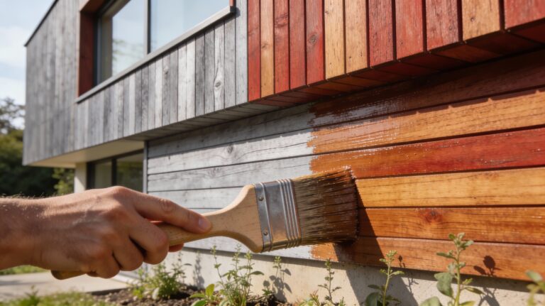 Application d'un saturateur écologique sur un bardage en bois pour une protection durable et naturelle contre le grisaillement.