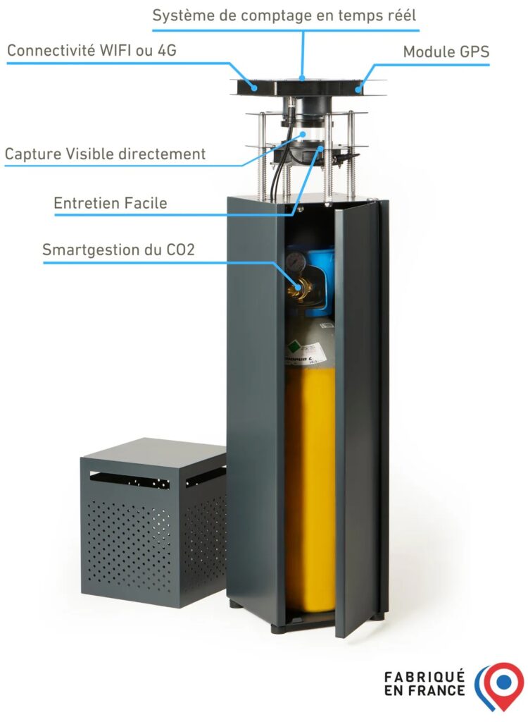 Schéma technique légendé du piège à moustique Nomoz Pro montrant la gestion du CO2, la connectivité et le système de capture
