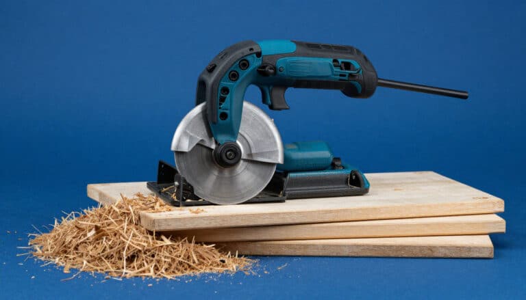 Scie circulaire professionnelle posée sur un établi de menuisier avec des planches de bois, illustration pour le guide d'achat Racetools.