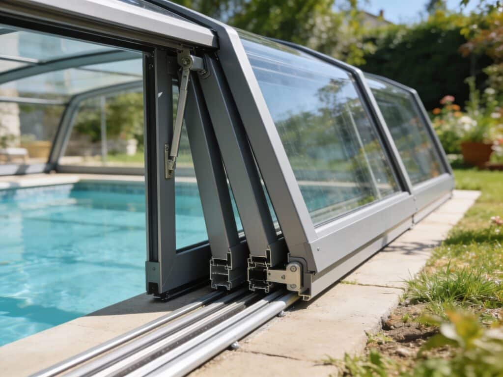 Gros plan sur le mécanisme d'un abri de piscine télescopique en aluminium gris coulissant sur ses rails, montrant l'emboîtement des modules.