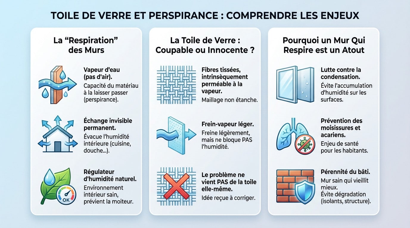 Mur avec toile de verre montrant la structure tissée favorisant la perspirance