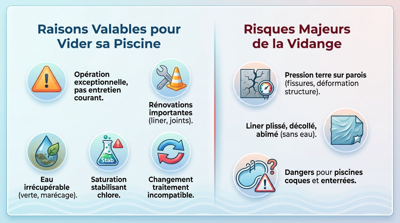 Schéma illustrant les risques de pression sur les parois lors de la vidange d'une piscine
