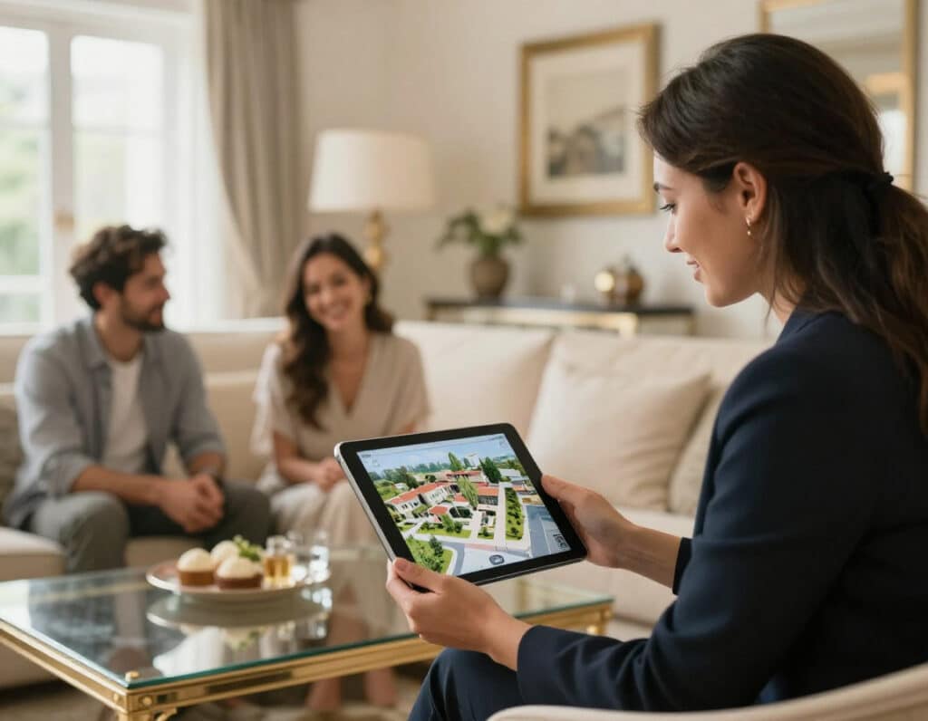 Consultante Patricia4RealEstate présentant une visite virtuelle sur tablette à des clients sereins, illustrant l'accompagnement immobilier moderne et digitalisé.