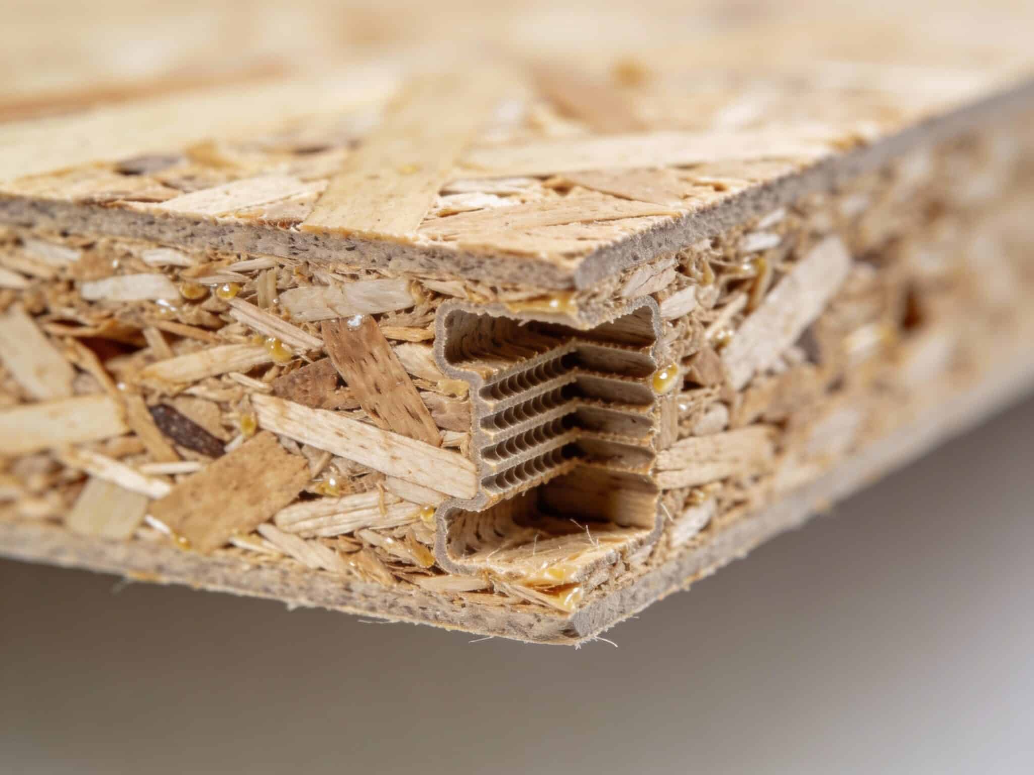 Gros plan sur le système d'assemblage rainure et languette d'une dalle de plancher en bois aggloméré